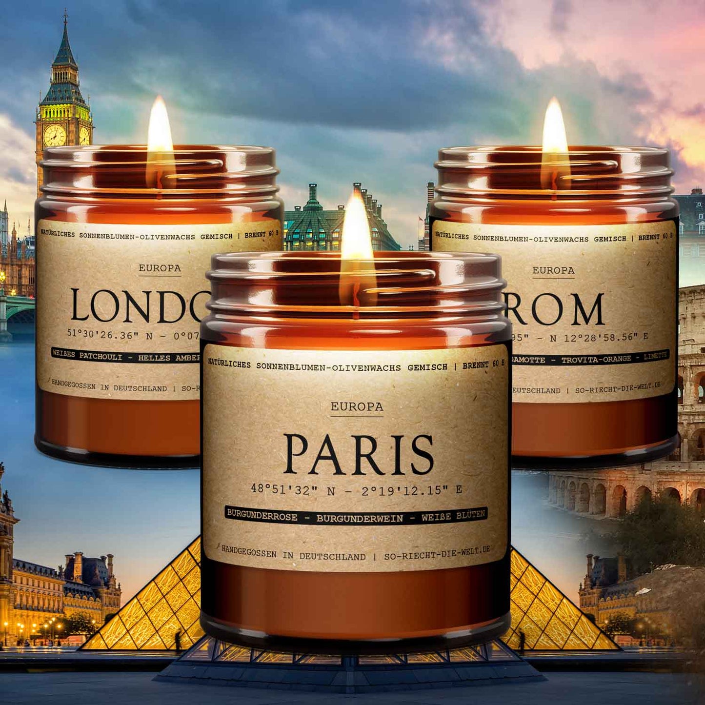 Europa Paket - 3 Duftkerzen - Paris | London | Rom-0